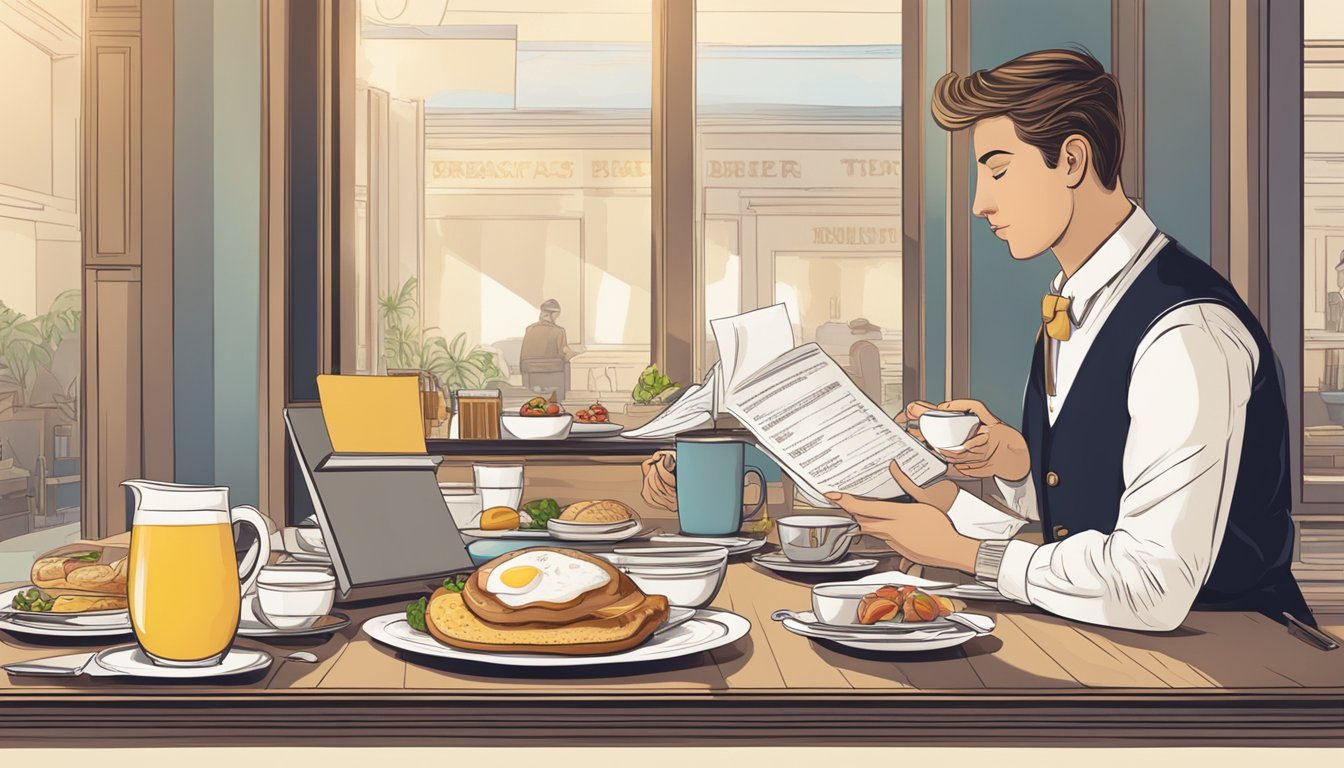 A table with a breakfast menu and a server taking an order