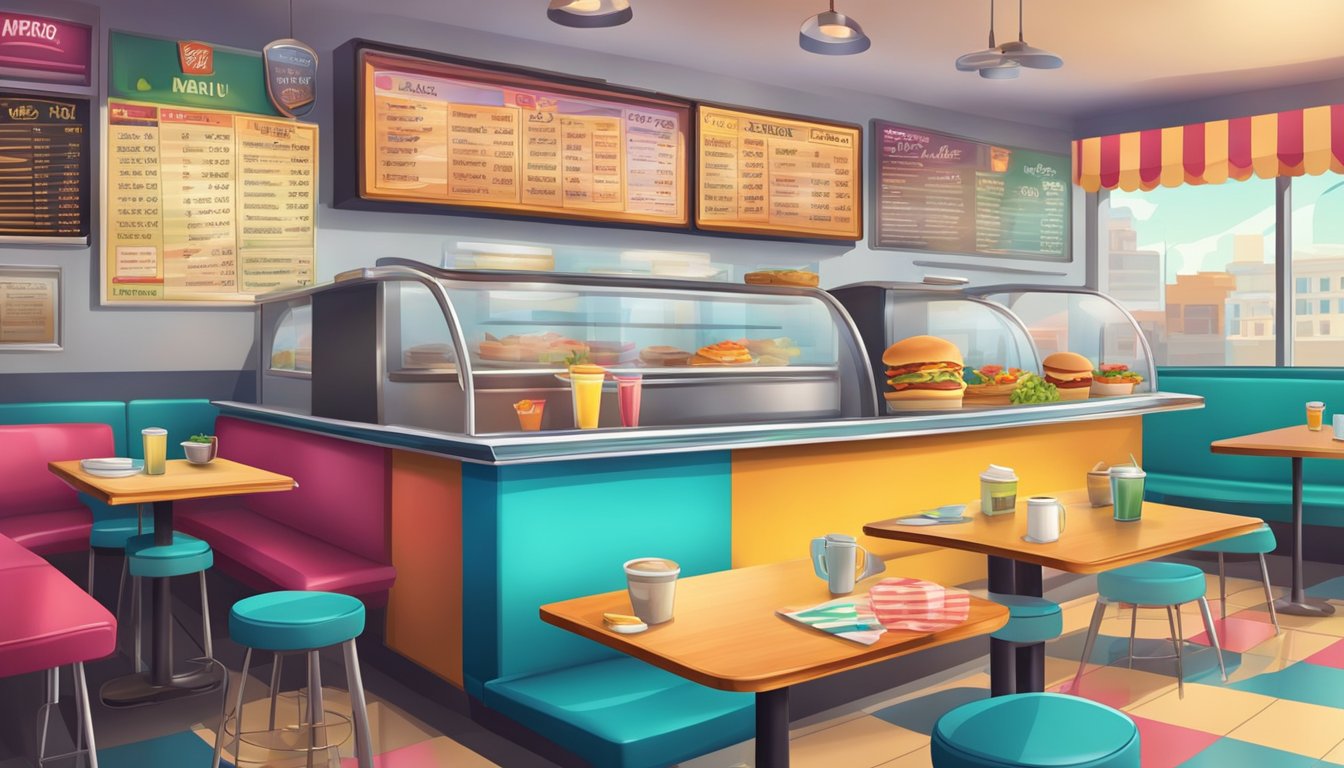 A colorful diner counter with a menu board above, displaying various breakfast items and prices. Tables and booths fill the background