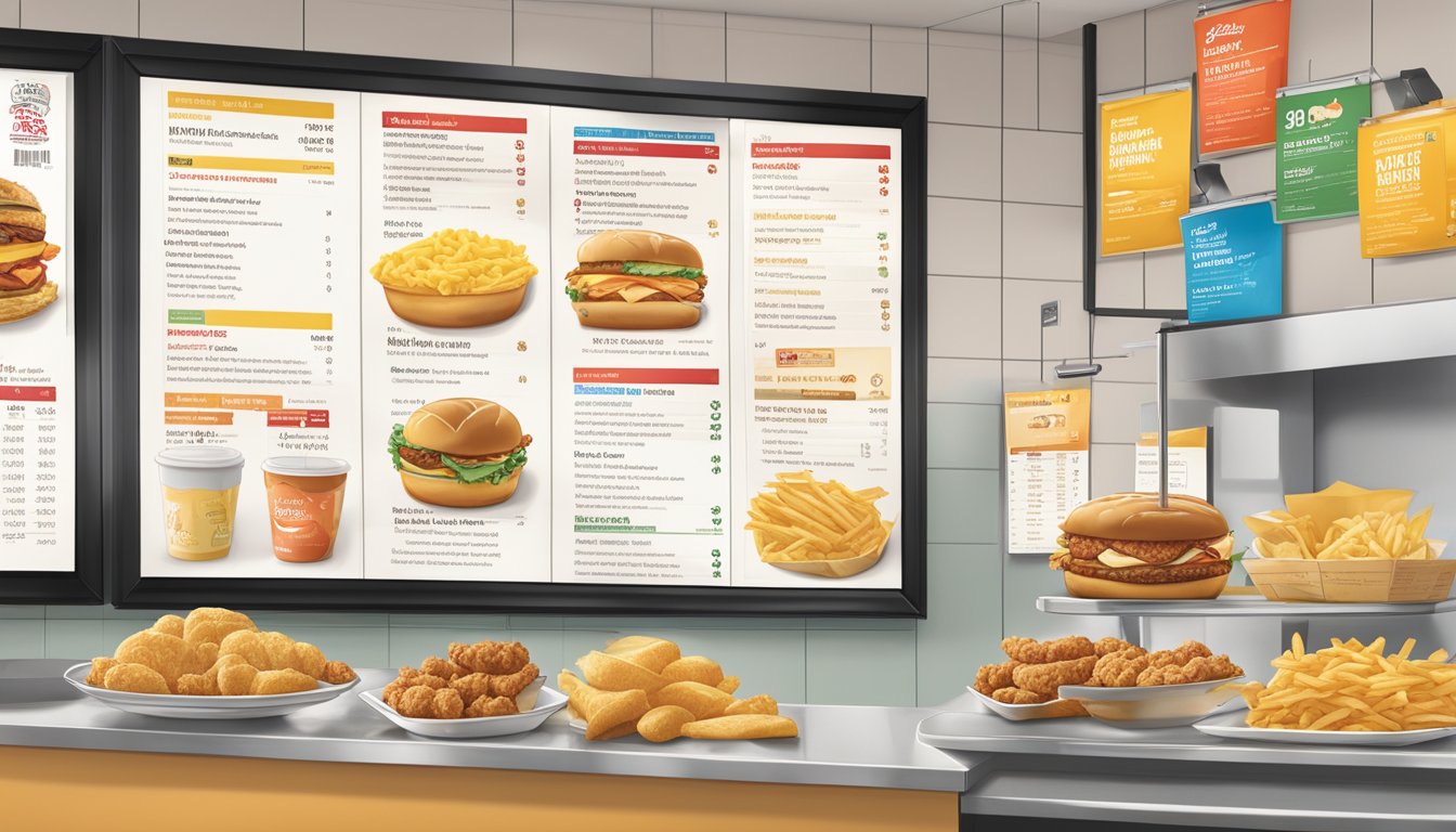 A colorful menu board displays Chick-fil-A breakfast items with prices, surrounded by the company's policies and commitments