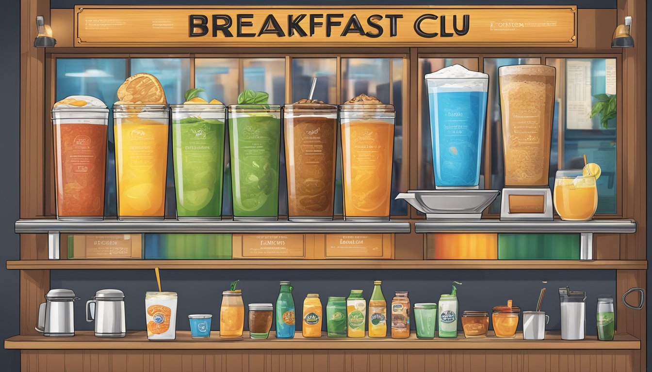 A menu board with various beverage options displayed at The Breakfast Club