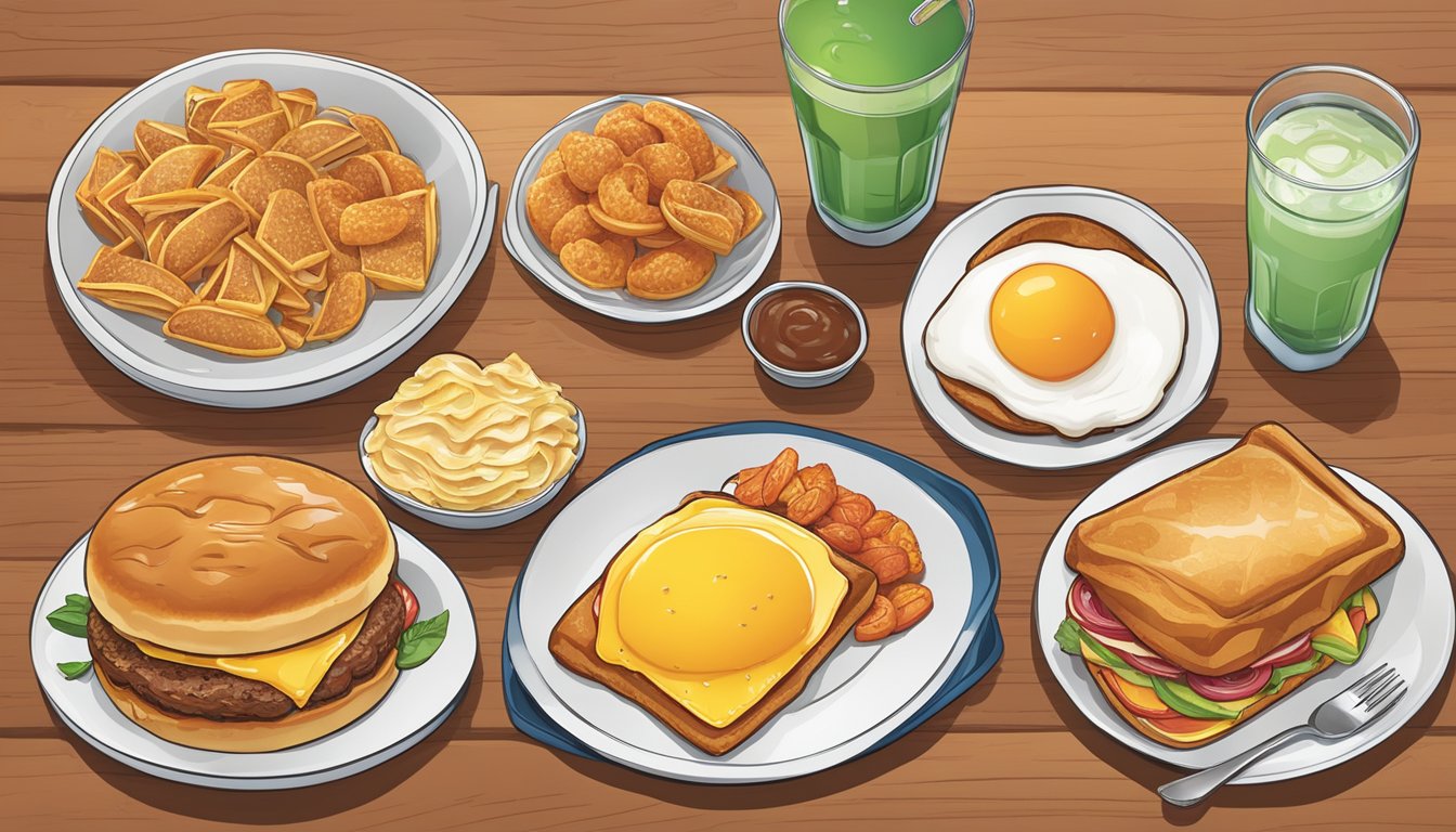 A colorful breakfast menu displayed with prices at a Denny's restaurant, featuring enticing images of various dishes and a section for loyalty rewards