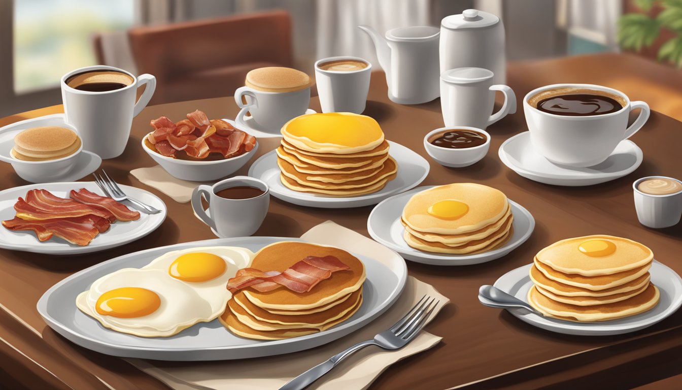 A table set with a classic Denny's breakfast spread, including pancakes, eggs, bacon, and coffee