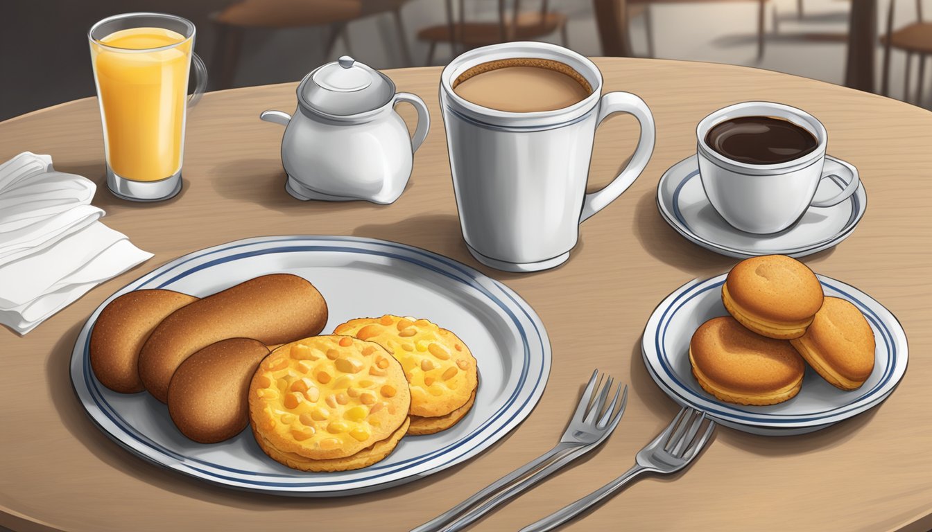 A table set with Bojangles breakfast items, including biscuits, sausage, eggs, and coffee, with prices displayed