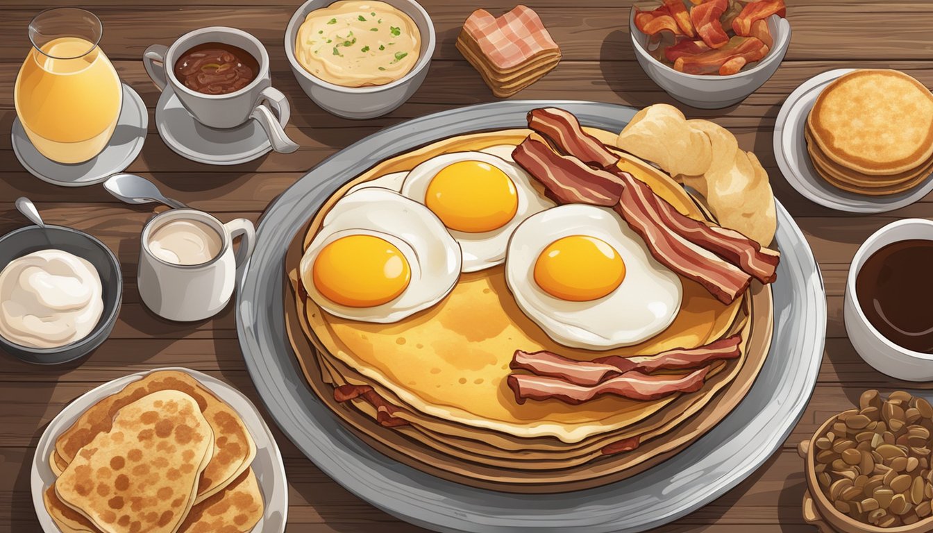 A steaming plate of eggs, bacon, and pancakes surrounded by a variety of breakfast items on a rustic wooden table