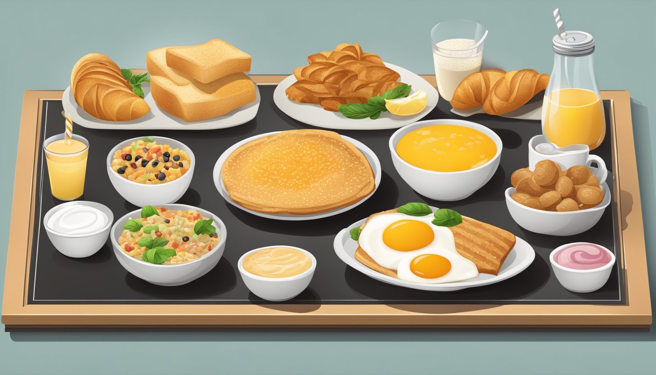 A table with various breakfast items and prices displayed on a menu board