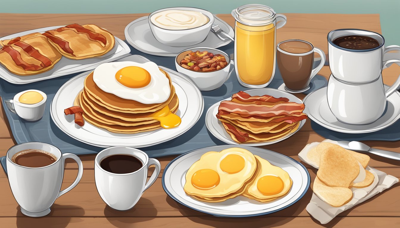 A table set with a hearty breakfast spread including eggs, bacon, pancakes, and coffee