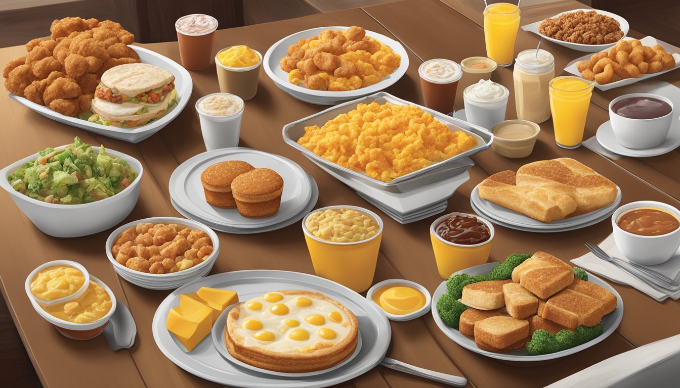 A table set with a variety of combo meals and platters from Bojangles' breakfast menu, with prices displayed