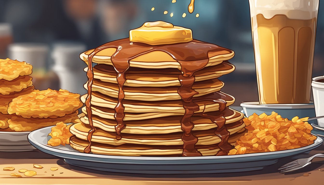 A towering stack of pancakes dripping with syrup, sizzling bacon, and a heaping pile of golden hash browns on a crowded diner table