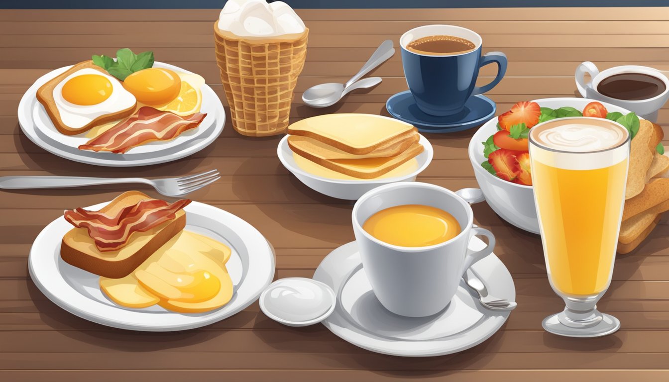 A table set with a variety of breakfast items including eggs, bacon, toast, fruit, and coffee