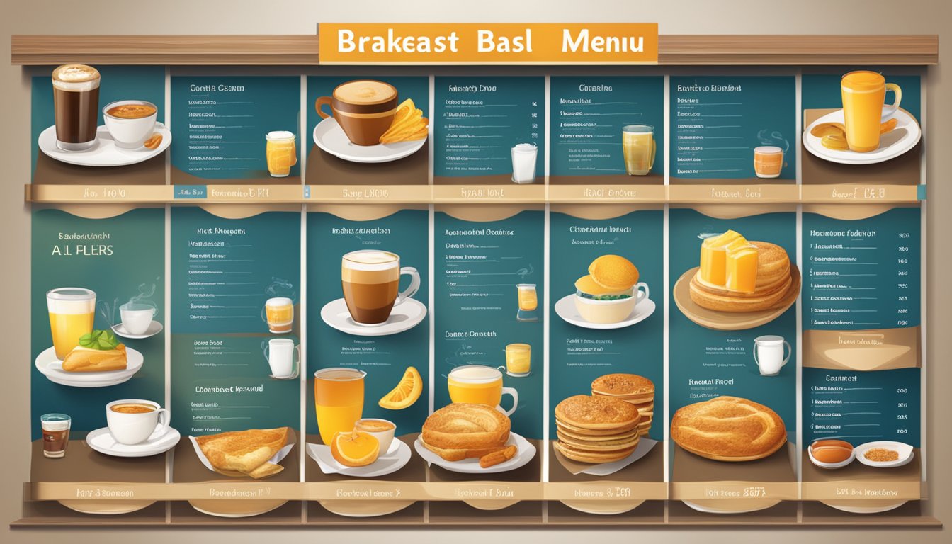 A breakfast menu with various beverage options and prices displayed