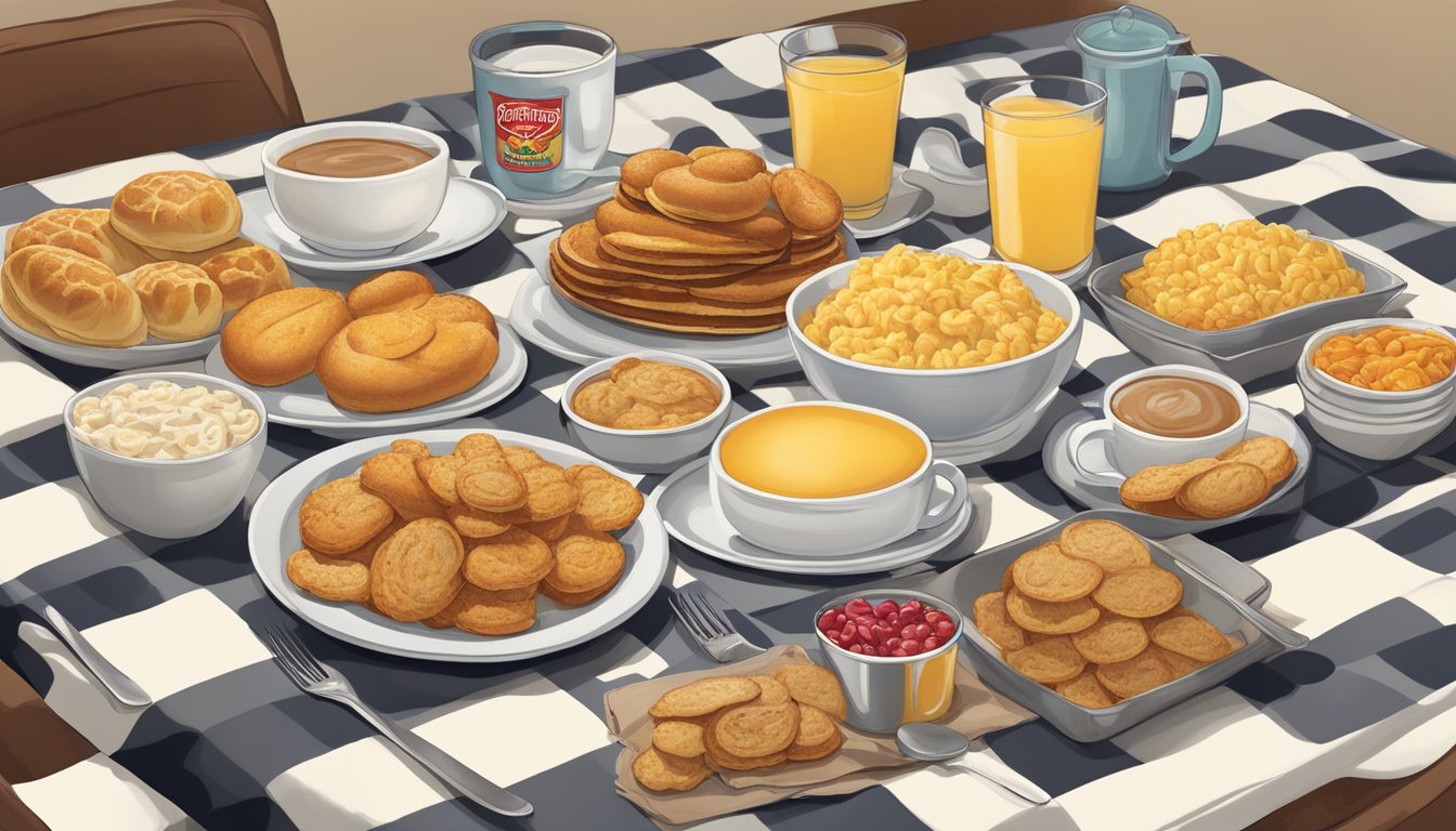 A colorful breakfast spread on a checkered tablecloth, featuring Bojangles specialty items with prices displayed