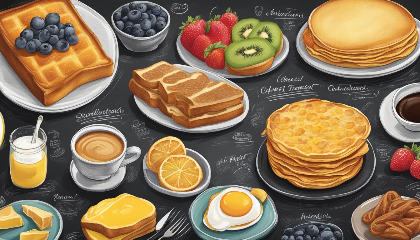 A large, enticing breakfast menu with bold, colorful options displayed on a chalkboard