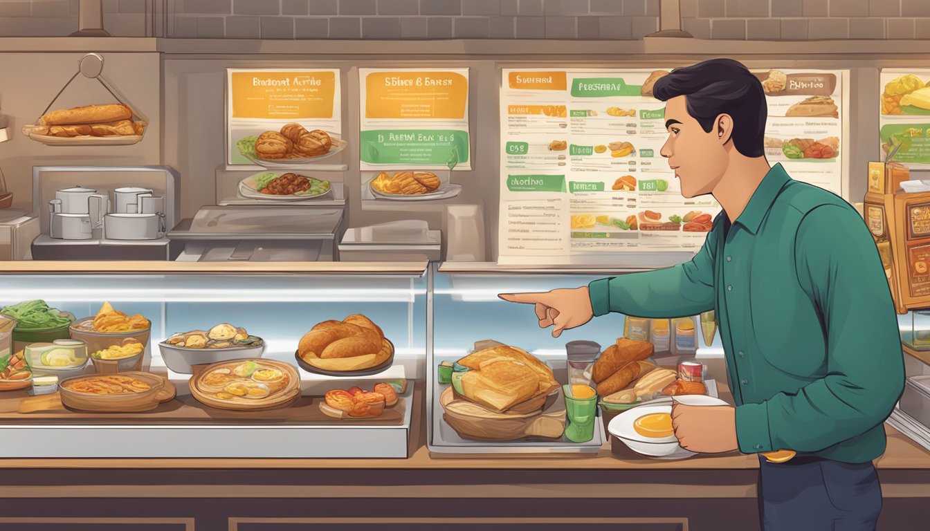 A customer at a counter, pointing at a menu board with breakfast items and prices displayed