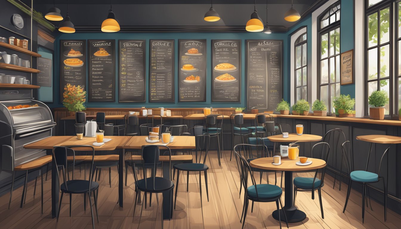 A cozy cafe with a chalkboard menu displaying breakfast options and prices, surrounded by tables and chairs