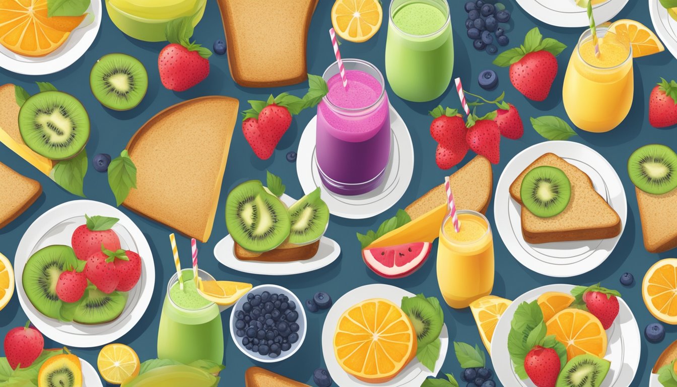 A table set with colorful fruit, whole grain toast, and a variety of fresh, vibrant smoothies