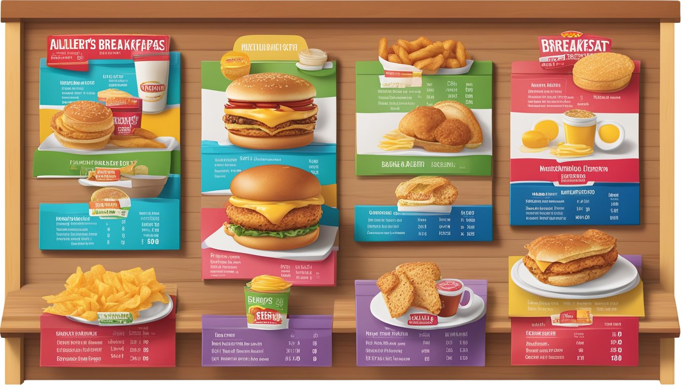 A colorful menu board displays wendy's breakfast items with prices and nutritional and allergen information