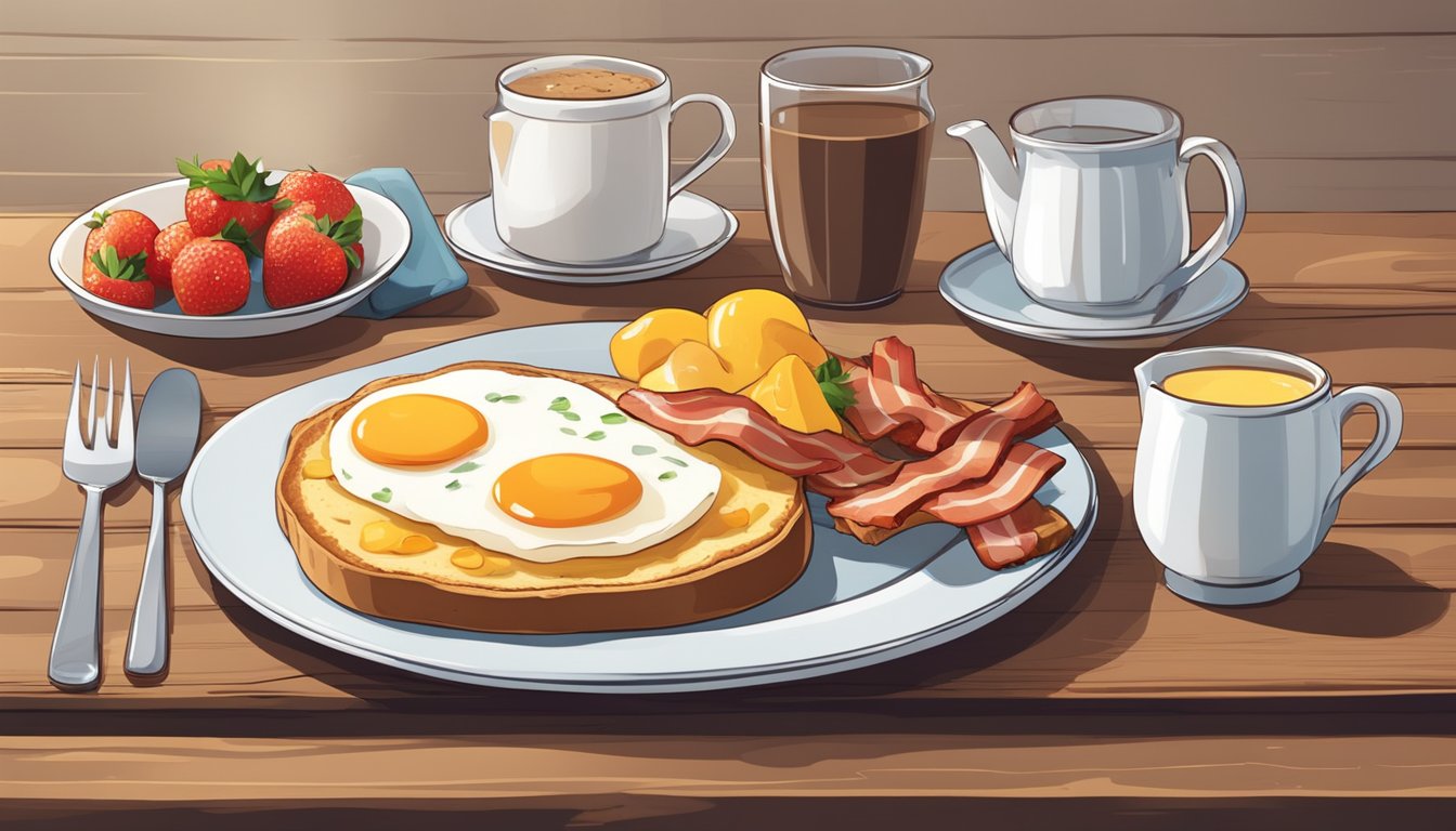 A hearty breakfast spread with eggs, bacon, toast, and a side of fresh fruit on a rustic wooden table