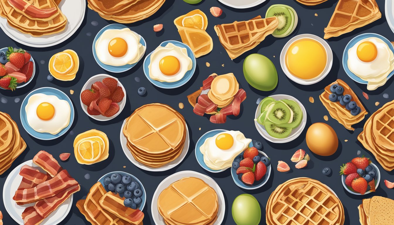 A colorful spread of pancakes, waffles, bacon, eggs, and fruit on a large breakfast menu