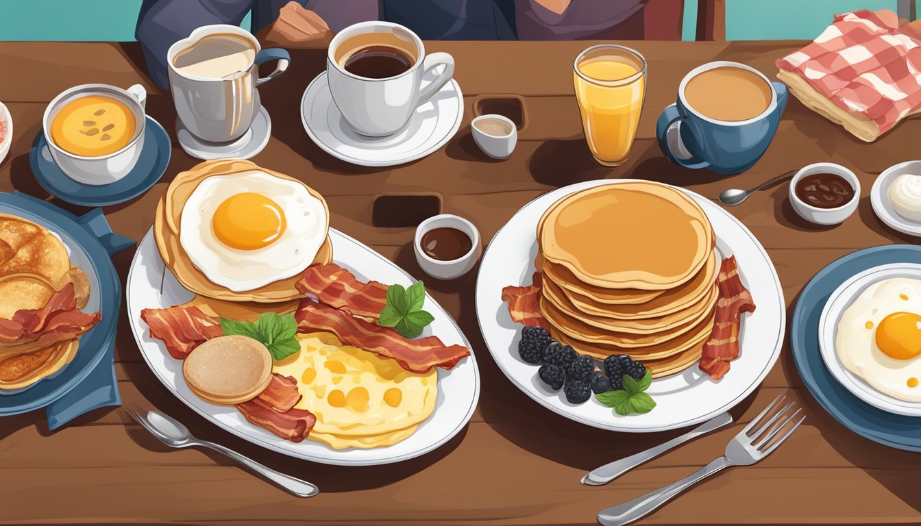 A table set with a variety of breakfast dishes, including pancakes, eggs, bacon, and coffee, surrounded by a cozy diner atmosphere