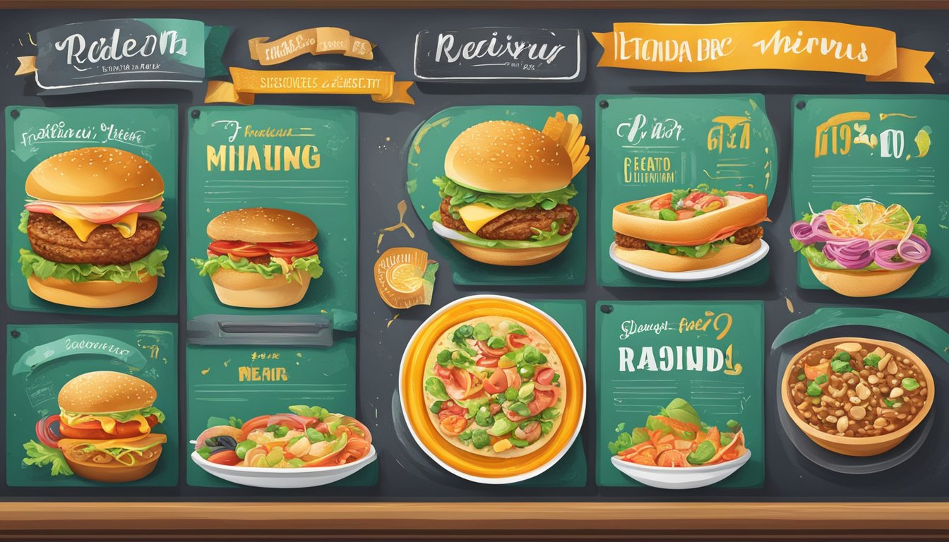 A colorful menu board with bold typography and appetizing food illustrations