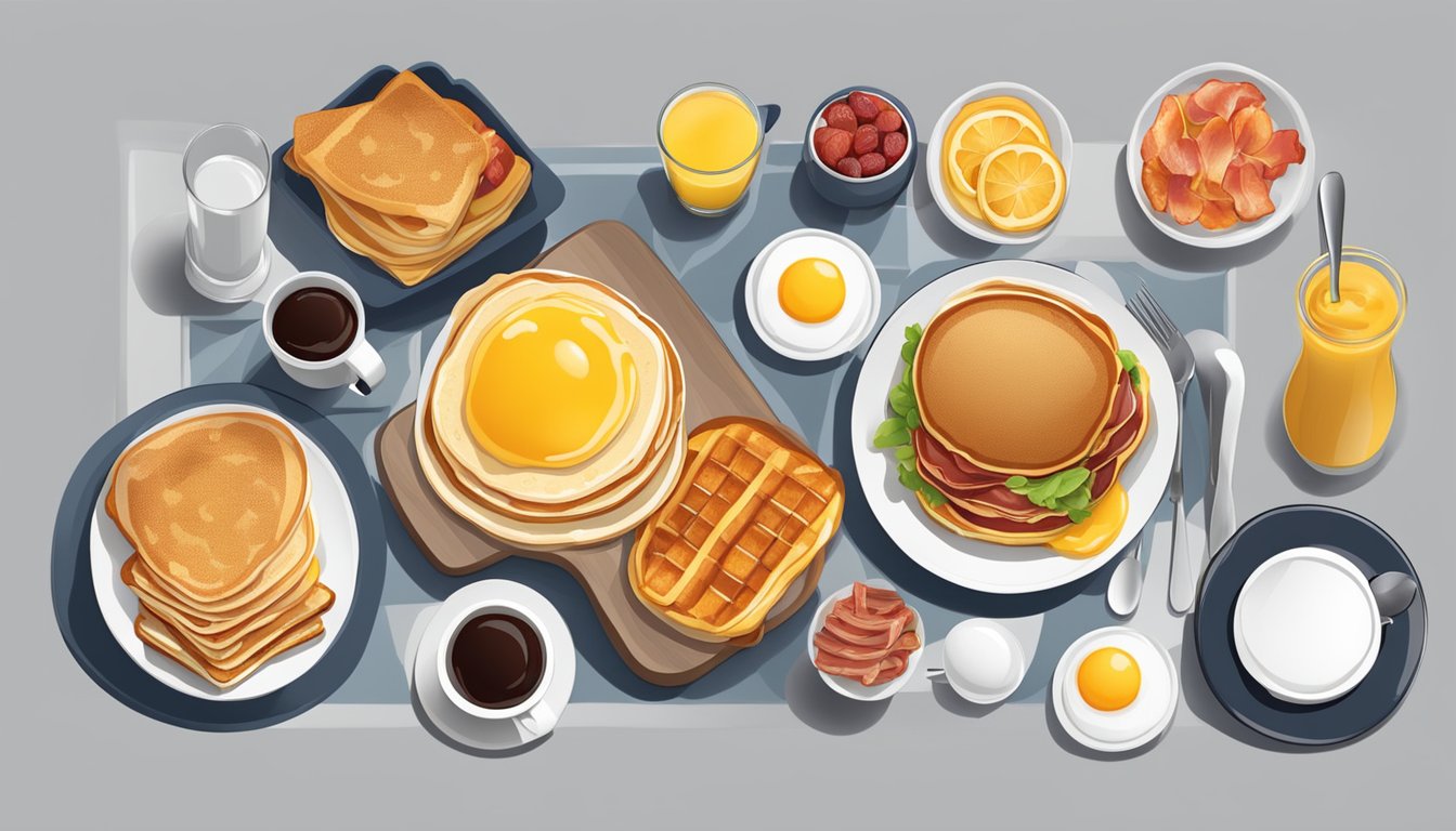 A table set with a variety of classic breakfast items, including pancakes, eggs, bacon, and toast, with a menu displaying prices