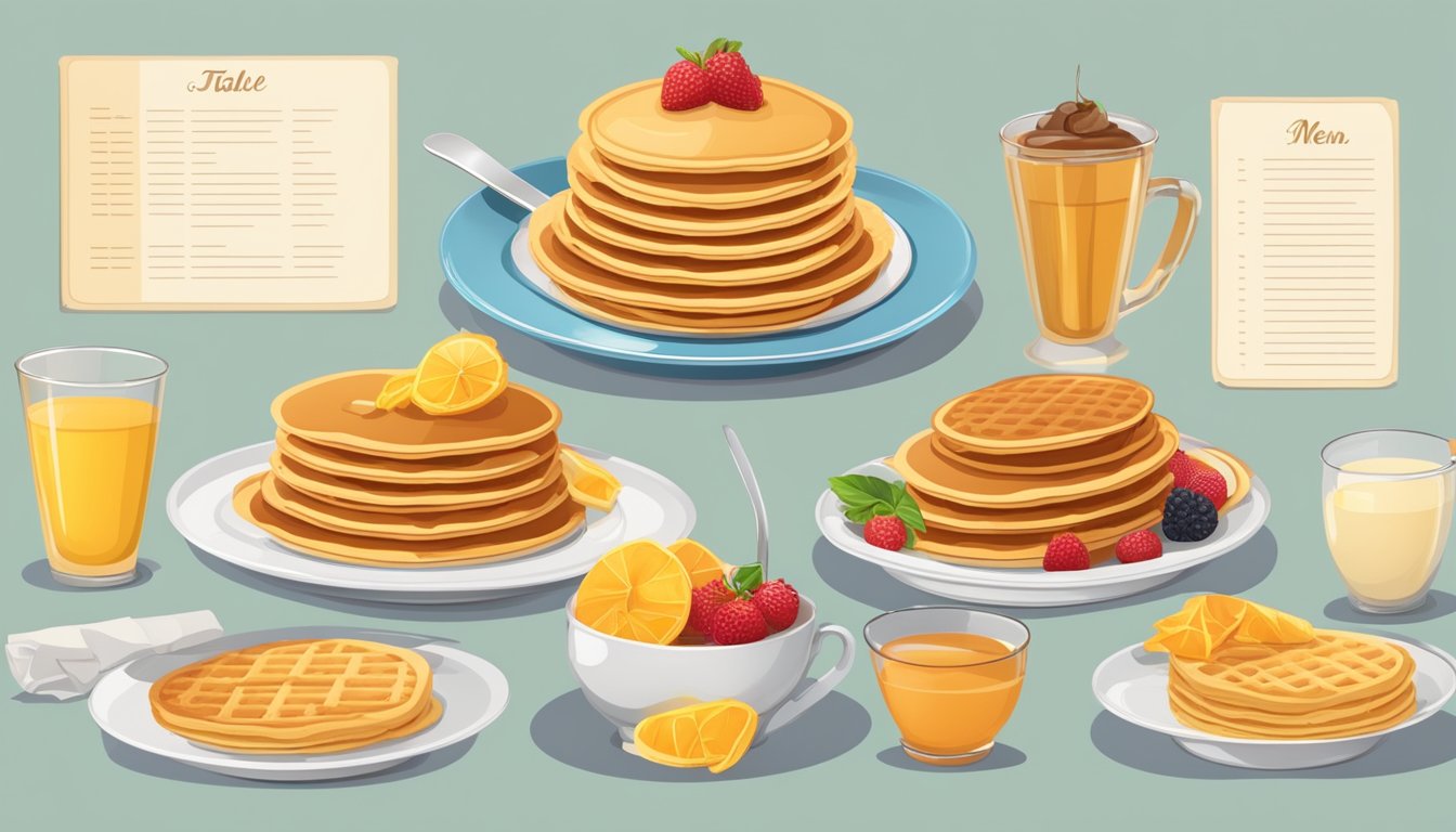 A table set with a stack of pancakes, a plate of waffles, and a menu with breakfast prices