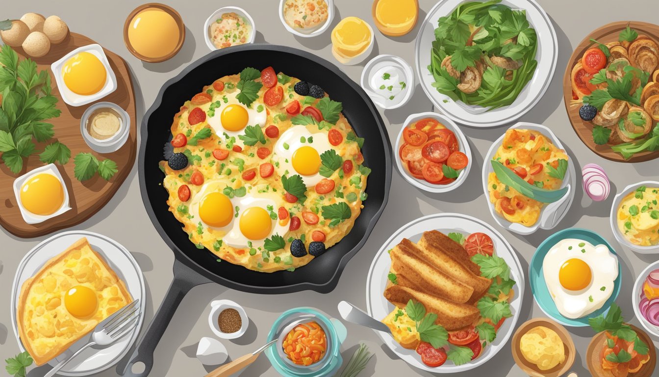 A sizzling skillet with a variety of egg dishes and omelettes, surrounded by colorful breakfast sides and garnishes