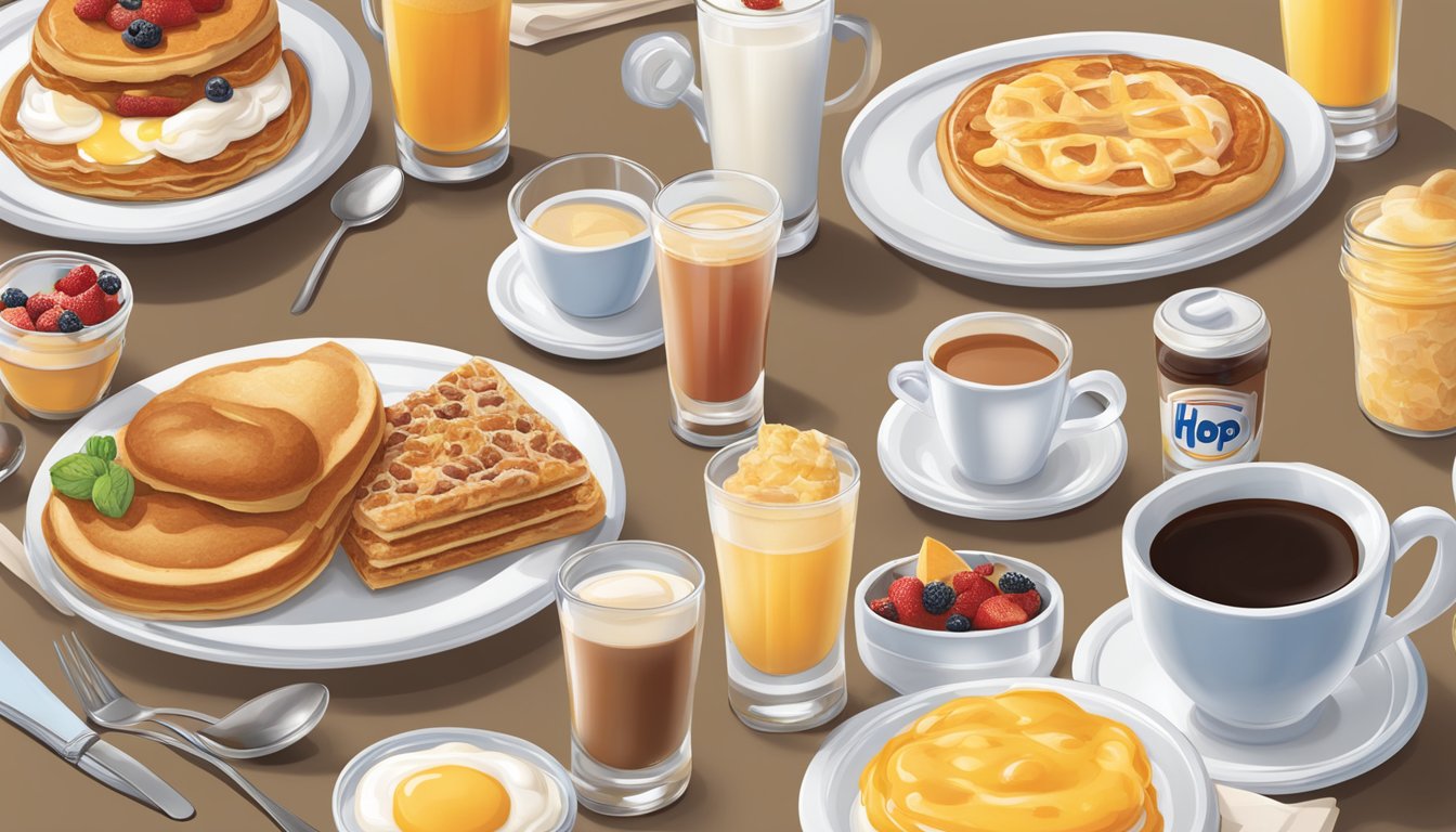 A table set with a variety of breakfast beverages and side orders from the IHOP menu