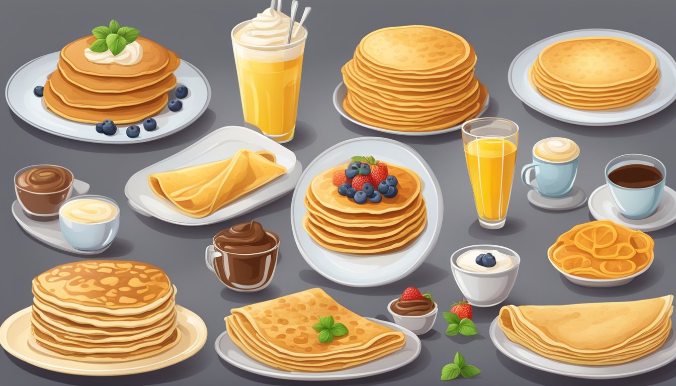 A table set with a variety of pancakes and crepes, accompanied by a menu displaying prices