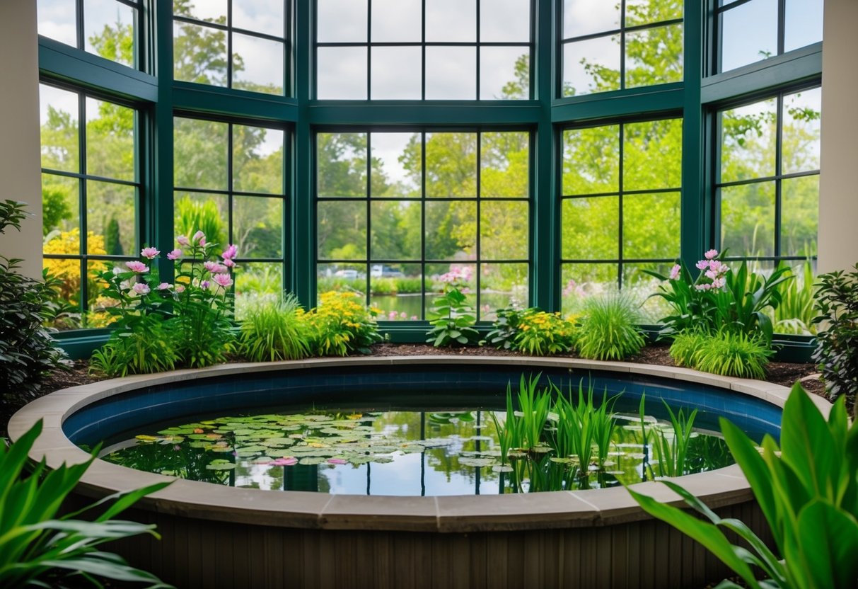 A raised pond with large windows, surrounded by lush greenery and blooming flowers, with a clear view of the water and aquatic plants inside