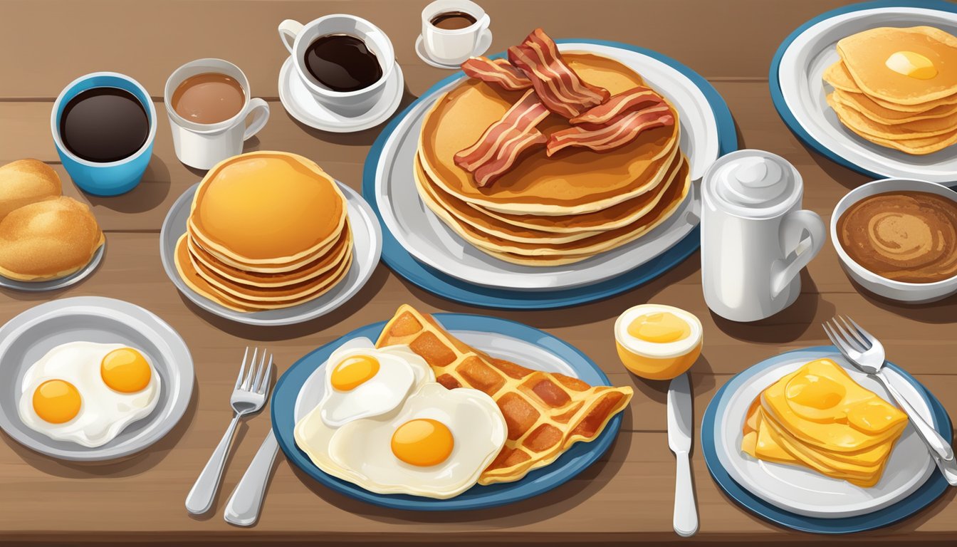 A table set with a variety of breakfast items, including pancakes, eggs, bacon, and coffee, with a menu displaying prices for lunch and dinner offerings