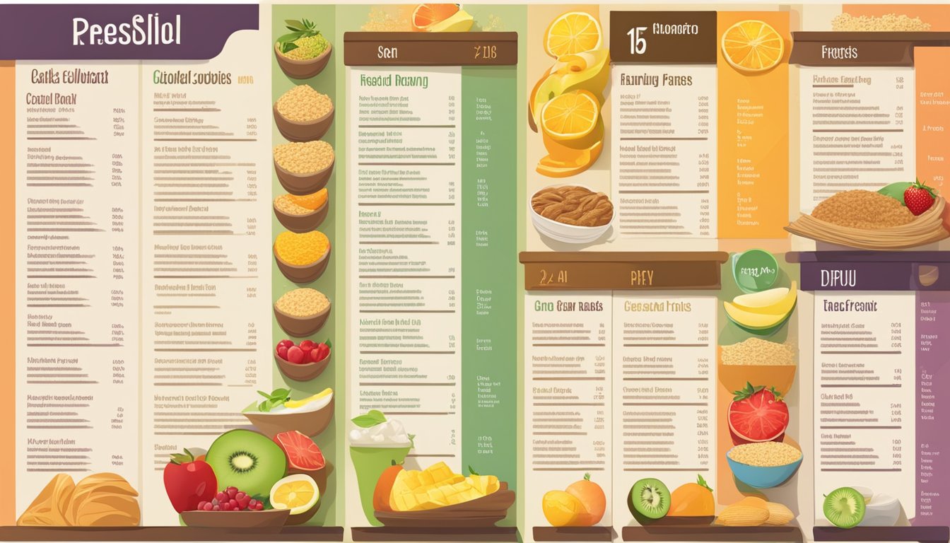 A colorful breakfast menu display featuring fresh fruits, whole grain options, and prices clearly listed