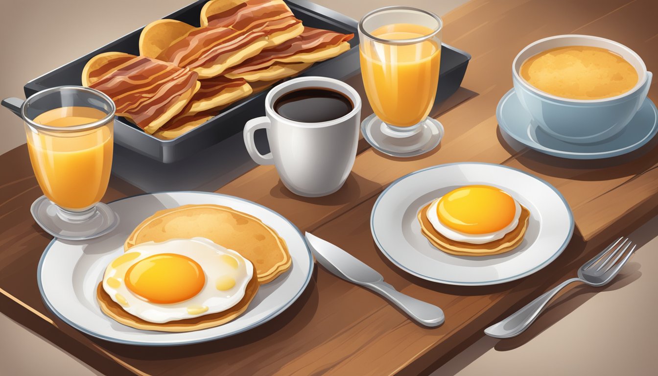 A table set with a steaming plate of pancakes, sizzling bacon, and a side of eggs, with a glass of orange juice and a hot cup of coffee