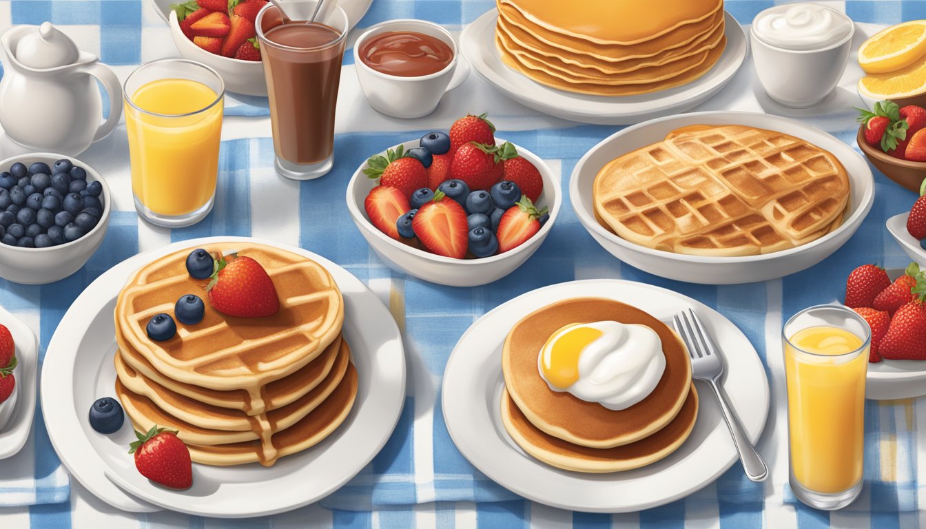 A festive breakfast table with a variety of special and seasonal items from IHOP's menu, including pancakes, waffles, eggs, and fresh fruit