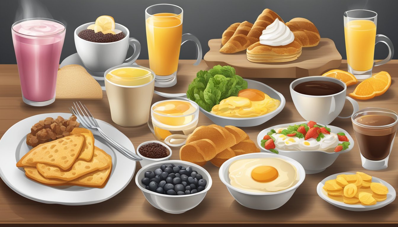 A table set with a variety of breakfast beverages and sides, with prices displayed