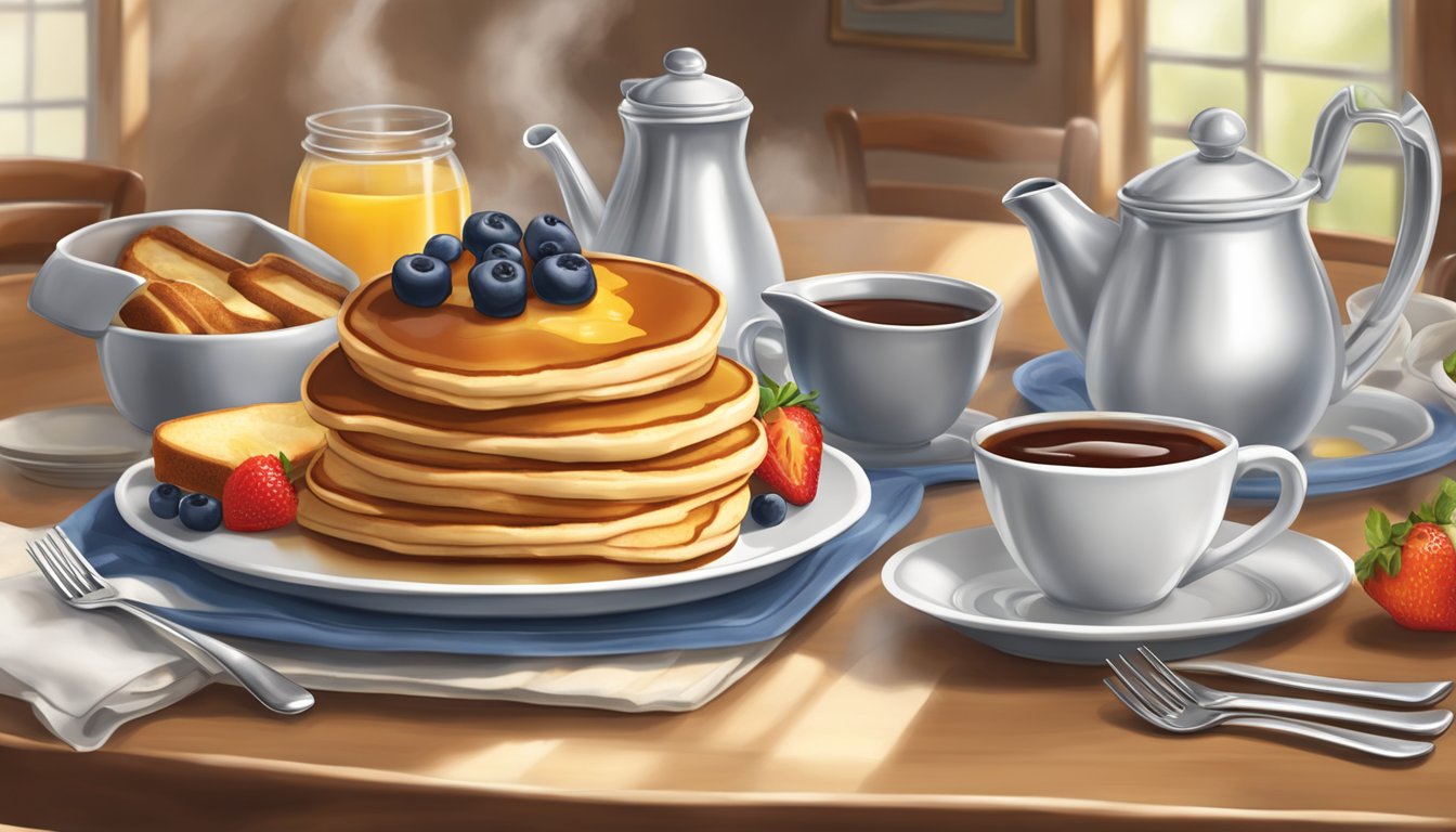 A table set with steaming hotcakes and French toast, adorned with syrup and fruit, ready for a delicious breakfast at Bob Evans