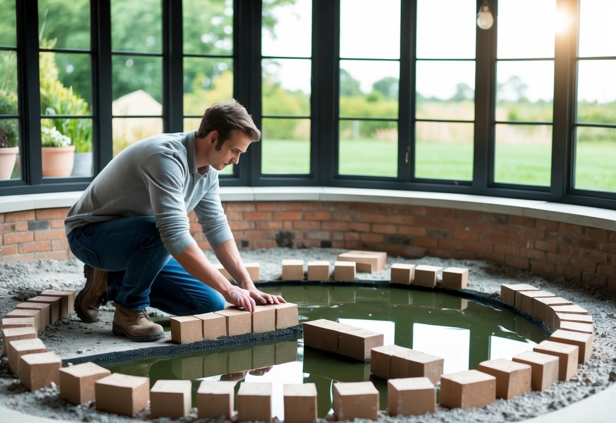 A person constructing a raised pond with windows, laying bricks and cement for the base and foundation