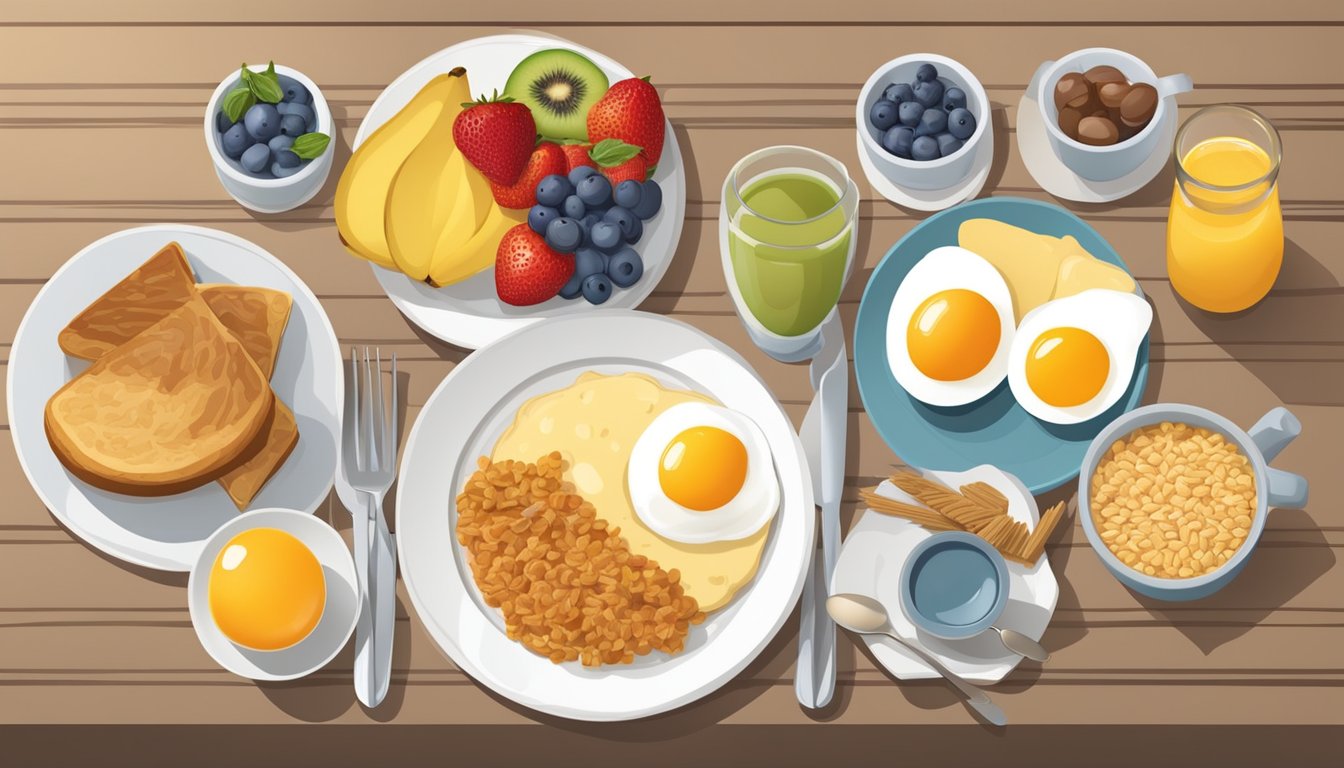 A table set with a variety of breakfast items, including fruits, eggs, and whole grain options, with a focus on healthy and dietary considerations