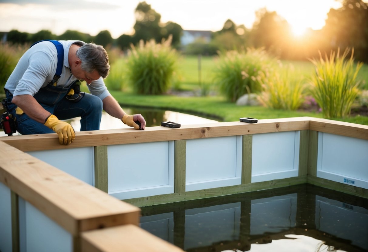 A person constructs a raised pond, fitting windows into the walls