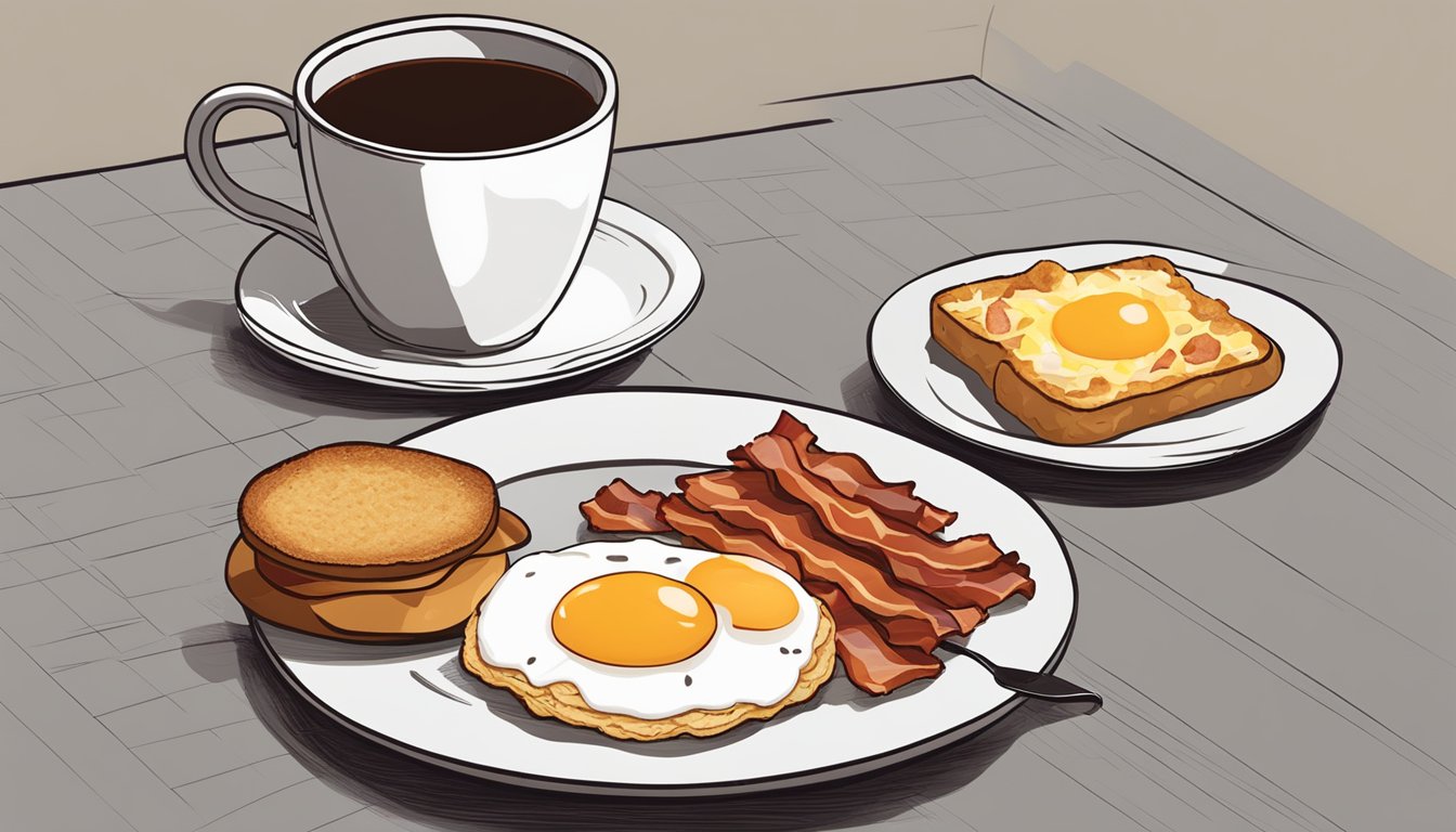 A table set with eggs, bacon, toast, and hash browns on a plate. A mug of coffee sits next to the plate