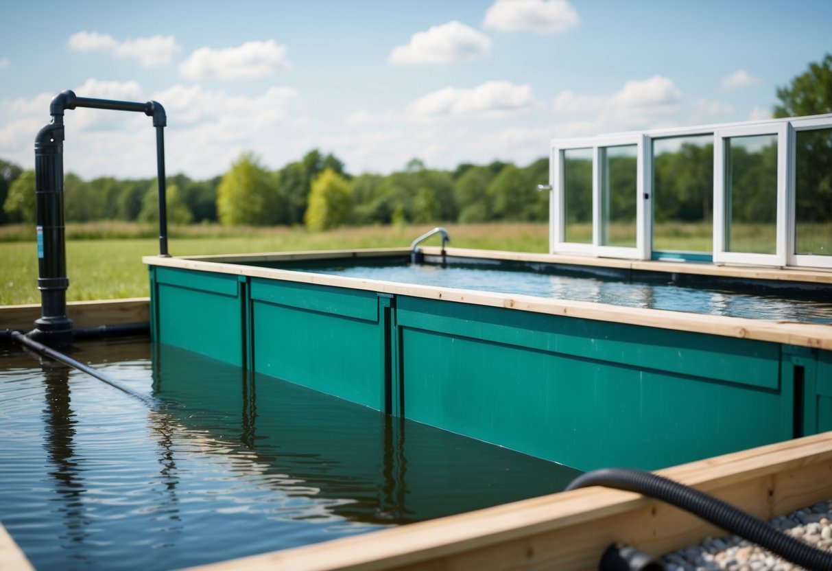 A raised pond with windows is being constructed, with a filtration system being set up nearby