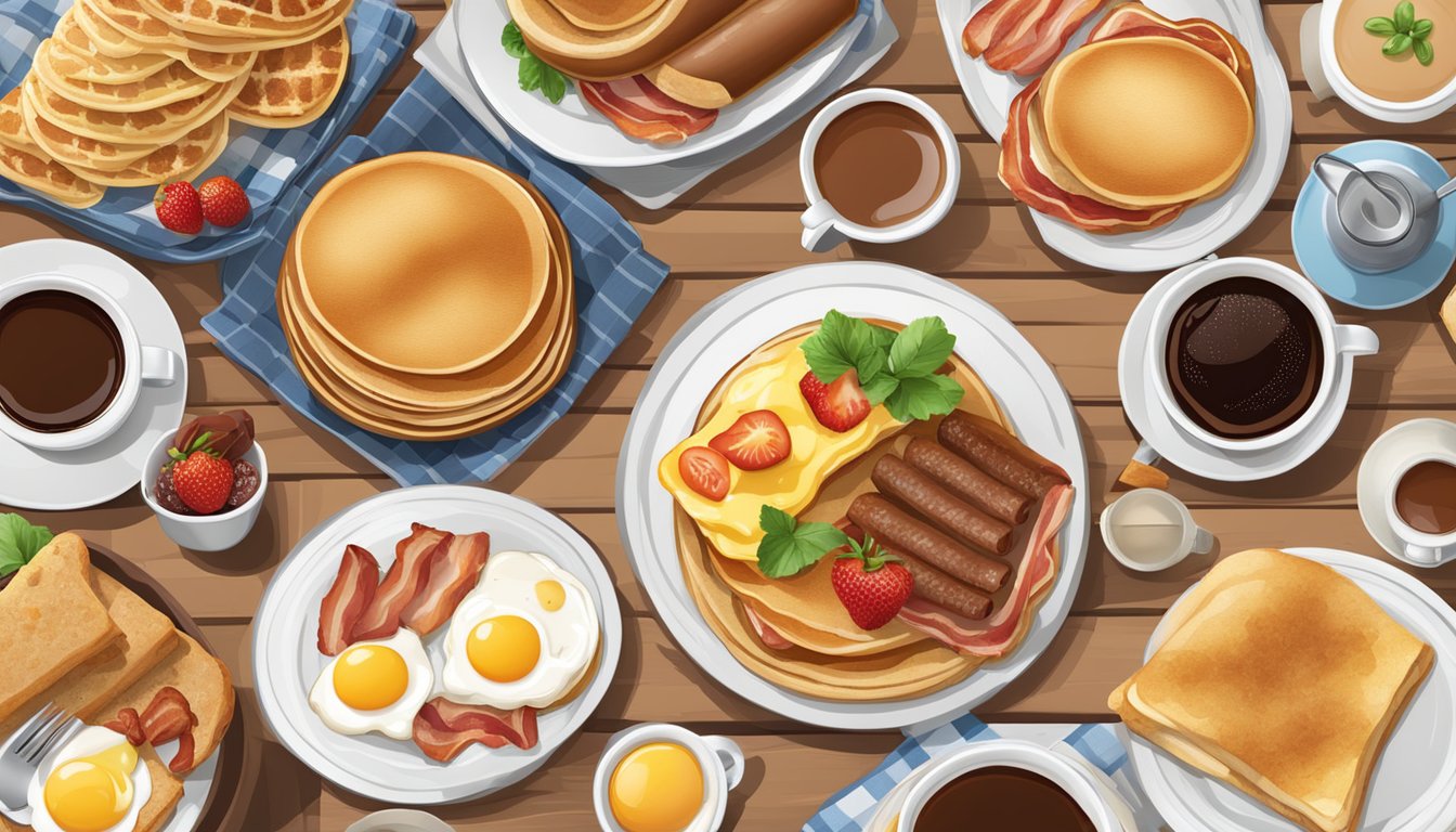 A table set with a variety of breakfast items including pancakes, eggs, bacon, sausage, toast, fruit, and coffee