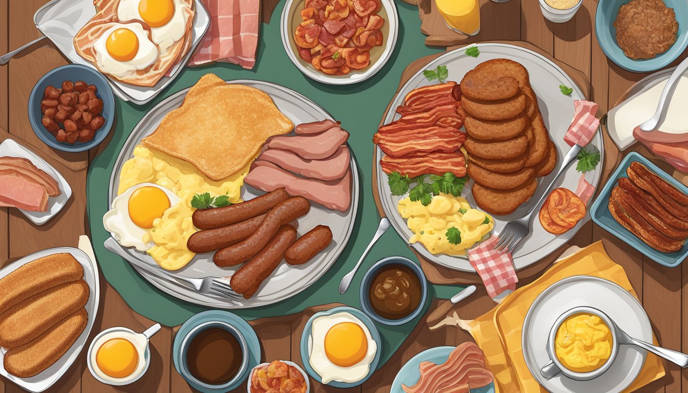 A sizzling platter of breakfast meats, including bacon, sausage, and ham, surrounded by golden-brown pancakes and a side of scrambled eggs