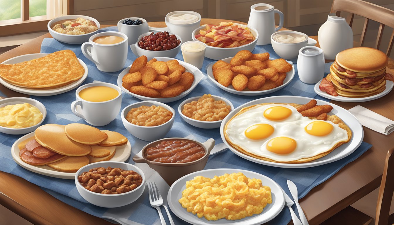 A table set with a variety of breakfast combo platters from the Bob Evans menu, including eggs, bacon, sausage, pancakes, and hash browns