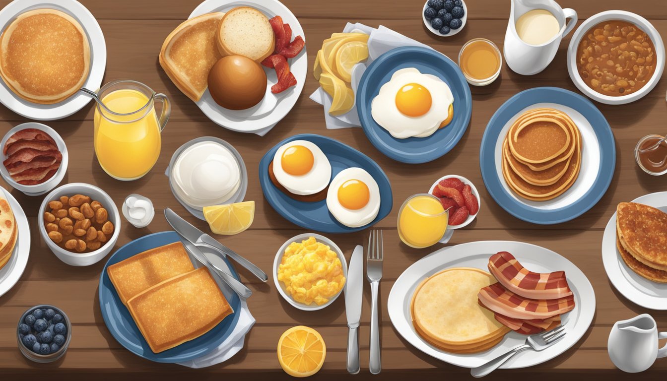 A table set with a variety of breakfast items from the Bob Evans menu, including eggs, bacon, sausage, pancakes, and fruit