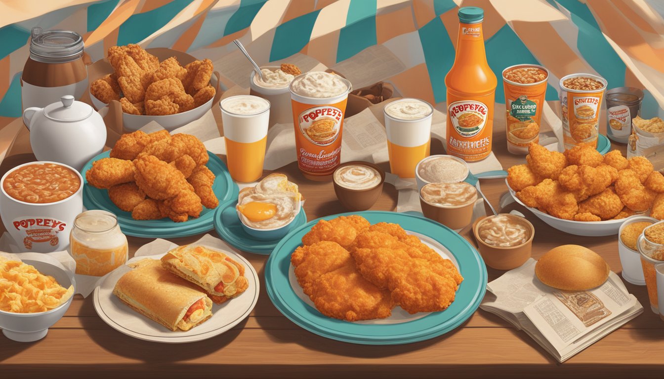 A table filled with Popeyes breakfast items, surrounded by vintage photos of Popeyes locations throughout history