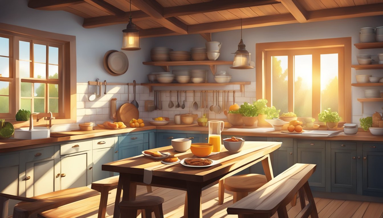 A rustic farmhouse kitchen with a spread of hearty breakfast dishes on a wooden table. Sunlight filters through the window, casting warm shadows