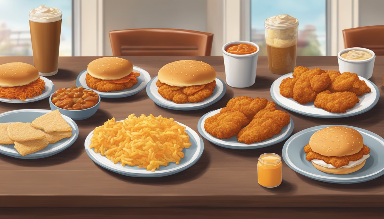 A table set with a spread of Popeyes breakfast items, including chicken biscuits, hash browns, and a variety of sauces