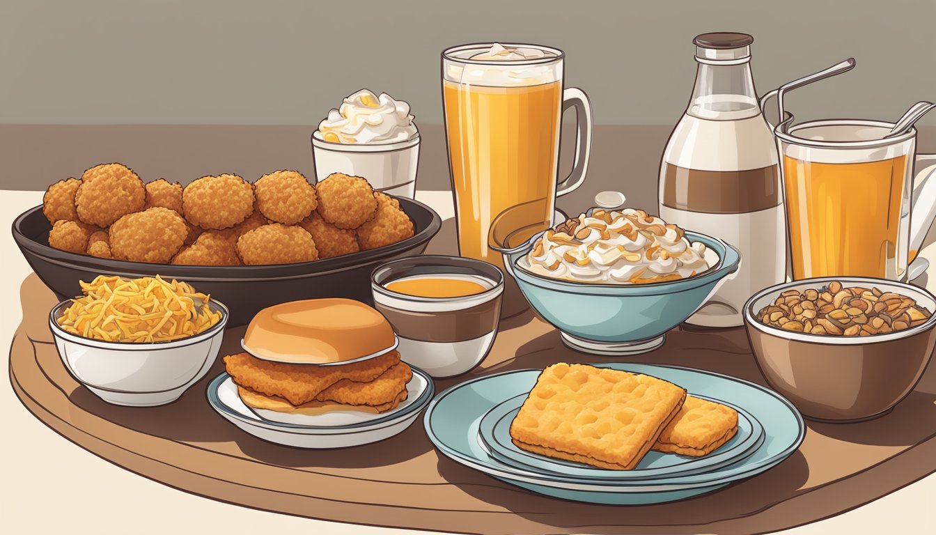 A table set with a spread of breakfast sides and sweets from the Popeyes menu, including biscuits, hash browns, and beignets