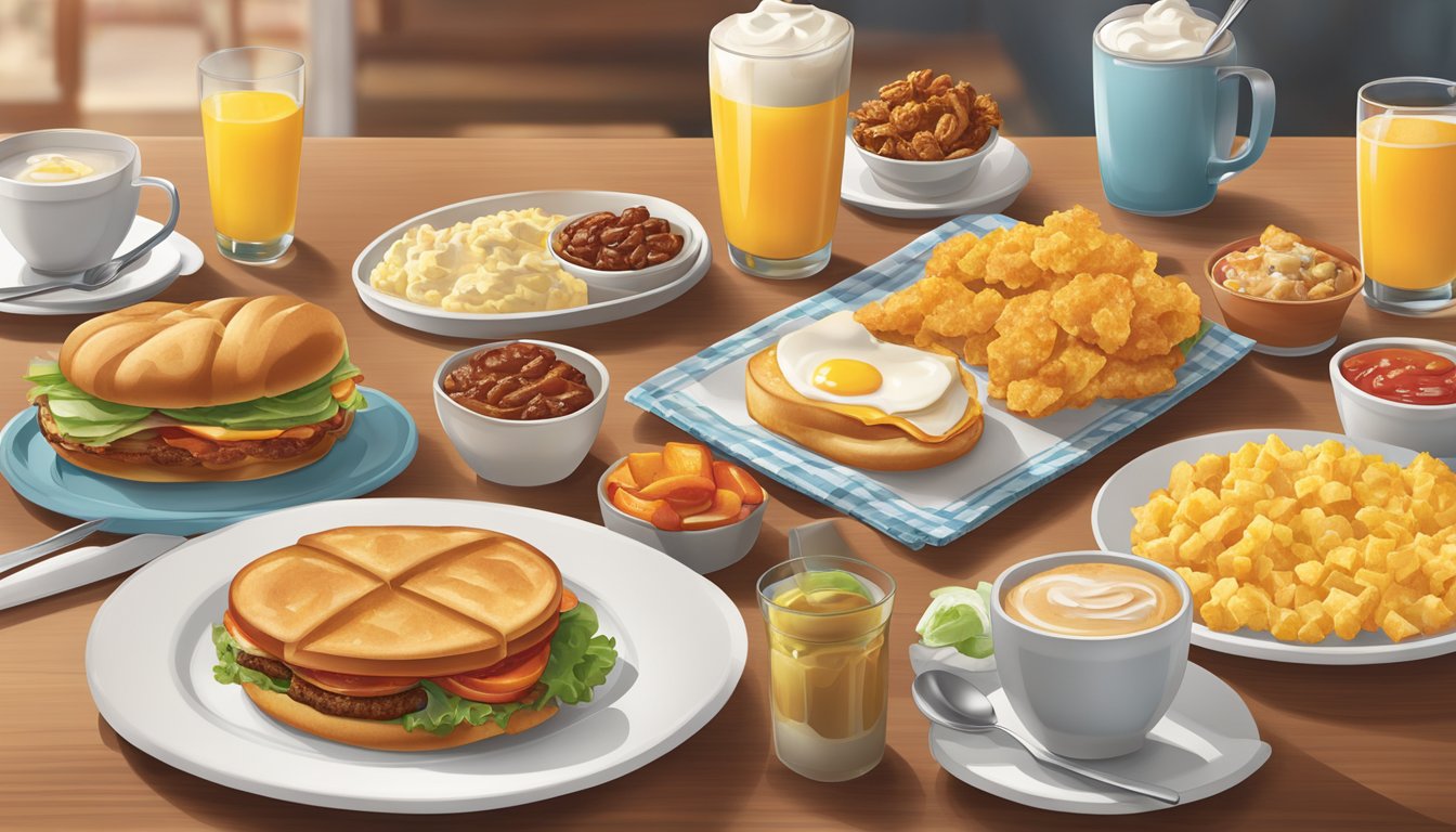 A table set with a warm, hearty breakfast spread from Wendy's, featuring a variety of delicious sides